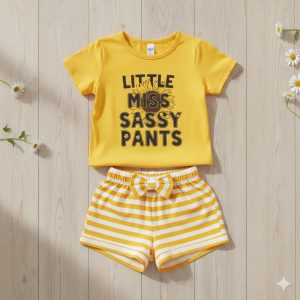 Yellow baby girl t-shirt with Little Miss Sassy Pants slogan and sunflower graphic paired with yellow and white striped shorts.
