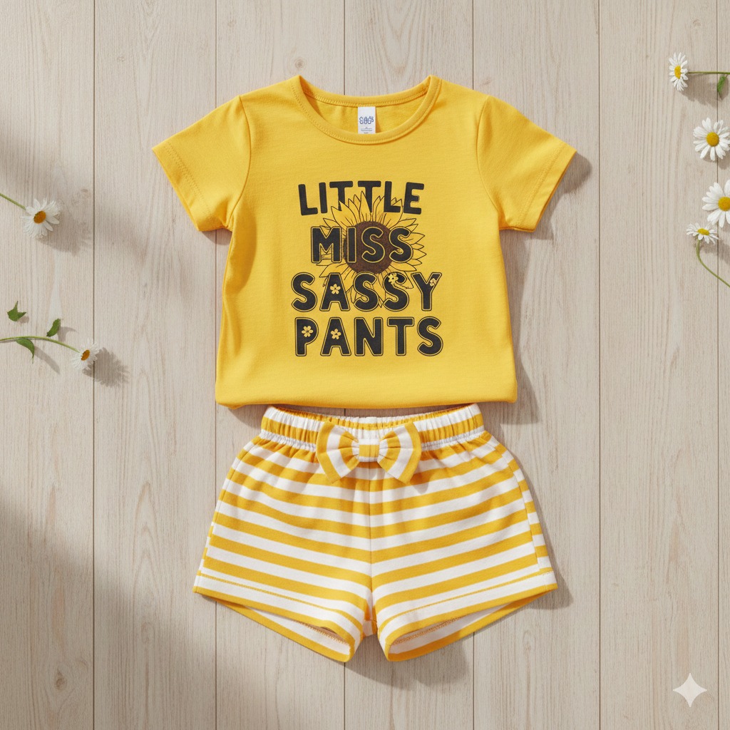Yellow baby girl t-shirt with Little Miss Sassy Pants slogan and sunflower graphic paired with yellow and white striped shorts.