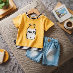 Kids t-shirt & shorts set featuring a yellow milk bottle graphic tee and light blue denim shorts on a wooden hanger.