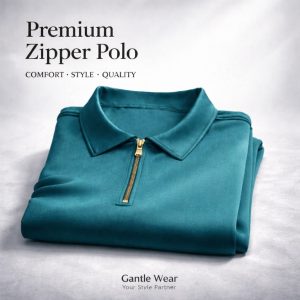 Premium men's zipper polo shirt teal color China fabric folded product image